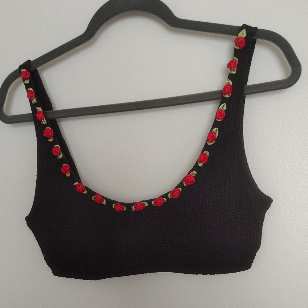 Betsey Johnson Black and Red Embellished Crop Tank Top